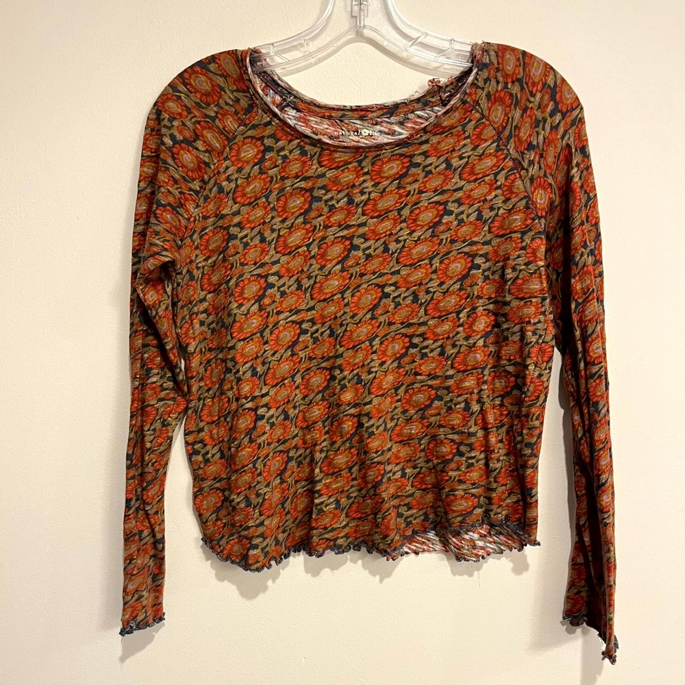 Natural Life Shirt Long Sleeve Crop Top Orange Floral Lettuce Hem Womens Small